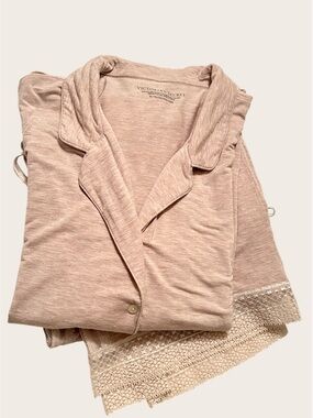 Victoria’s Secret Beige Lace‑Trim Pajama Set | Button Top & Pants | Size XL